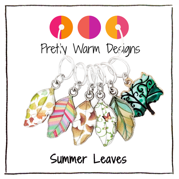Set of six multi coloured enamel leaf and tree charms snag free ring stitch markers for knitting by Pretty Warm Designs