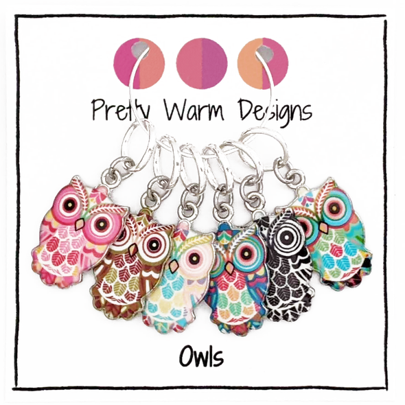 Set of six multi-coloured enamel owl charm snag free ring stitch markers for knitting by Pretty Warm Designs