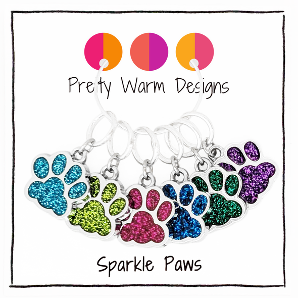 Set of six silver and glitter enamel pet paw charms snag free ring stitch markers for knitting by Pretty Warm Designs