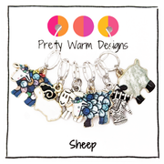 Handmade sheep knitting markers on Pretty Warm Designs card — six different sheep charm designs, unique gift for wool lovers