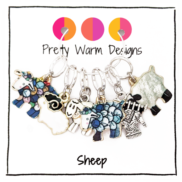 Set of six silver and enamel sheep and knitted sweater charms snag free ring stitch markers for knitting by Pretty Warm Designs