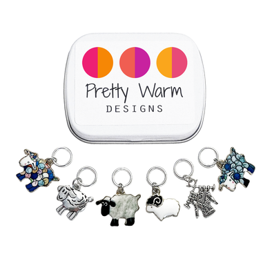 Set of six silver and enamel sheep and knitted sweater charms snag free ring stitch markers with tin for knitting by Pretty Warm Designs
