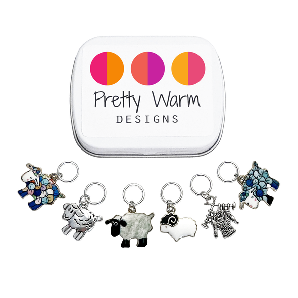 Set of six silver and enamel sheep and knitted sweater charms snag free ring stitch markers with tin for knitting by Pretty Warm Designs