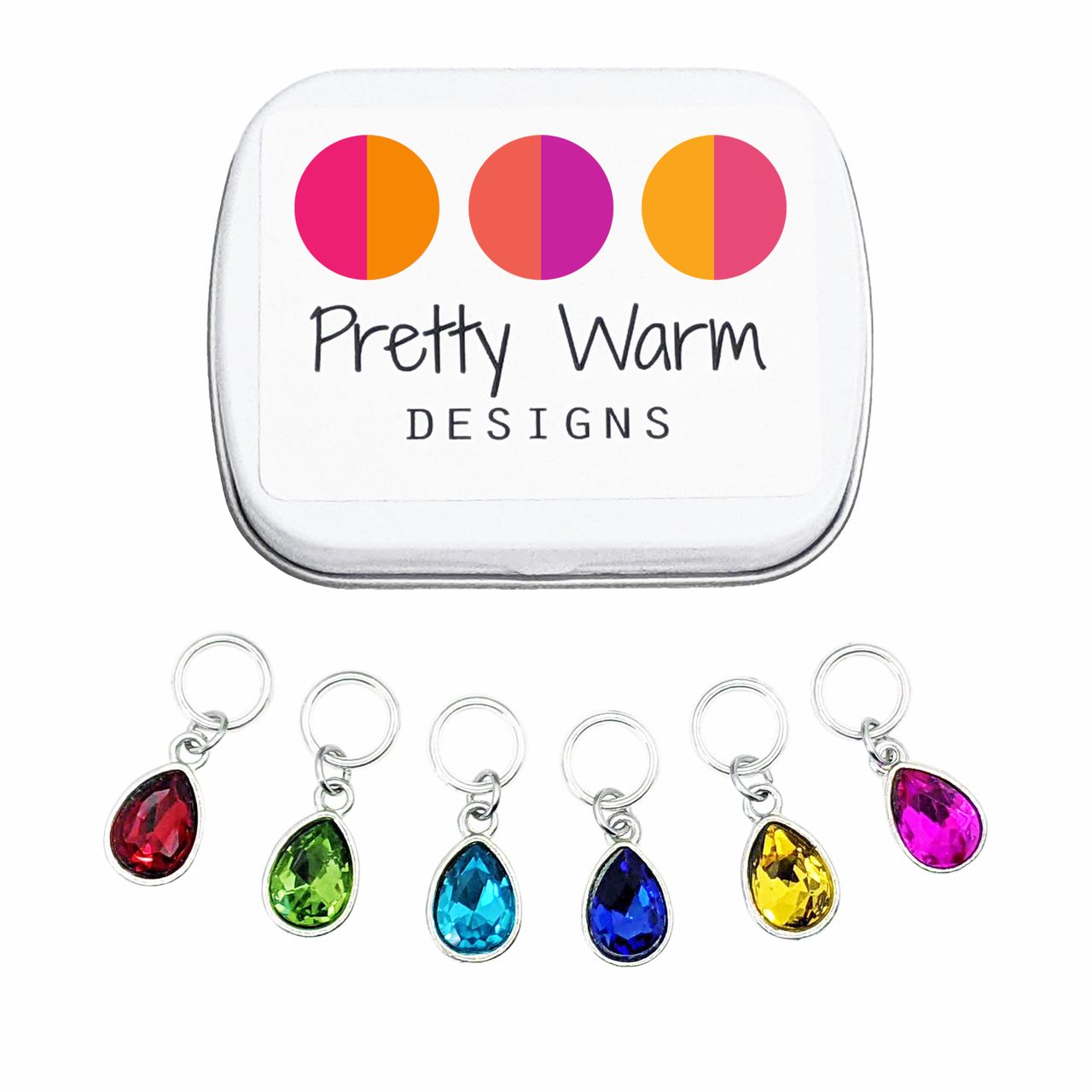 Crystal Jewels Set of 6 stitch markers, ring style for knitting, including storage tin.