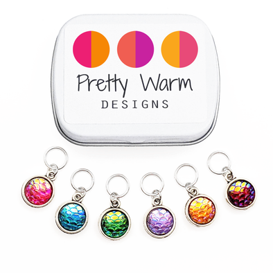 Set of 6 Dragon and Mermaid themed stitch markers, ring style for for knitting, including decorative storage tin