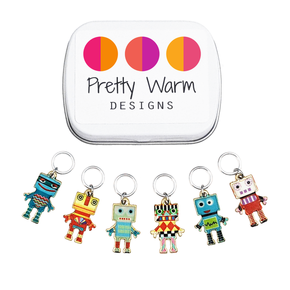 Set of 6 Robot Stitch Markers with Storage Tin, ring style for knitting by Pretty Warm Designs