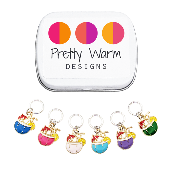 Tropical Drinks Ring Stitch Markers for Knitting, Set of 6 with storage tin