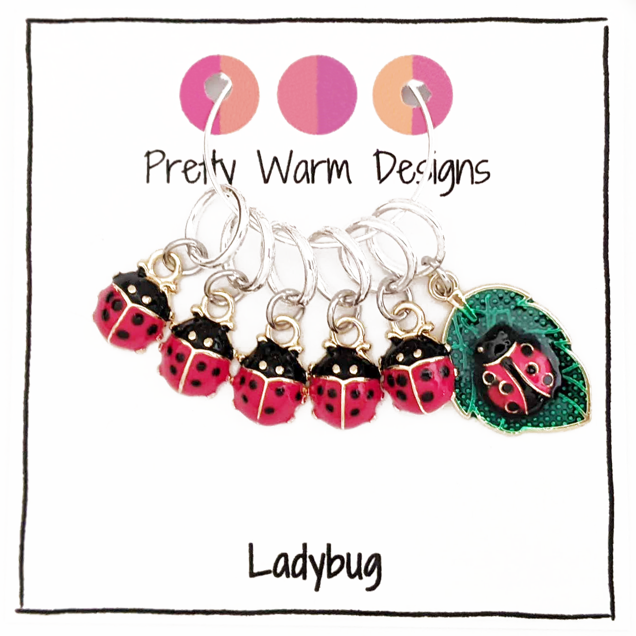 Set of six ladybug-themed ring stitch markers for knitting with a branded logo on a white background