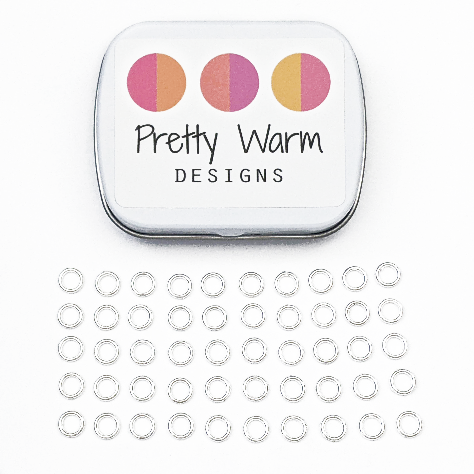 Set of 50 mini silver toned ring stitch markers with tin for knitting by Pretty Warm Designs
