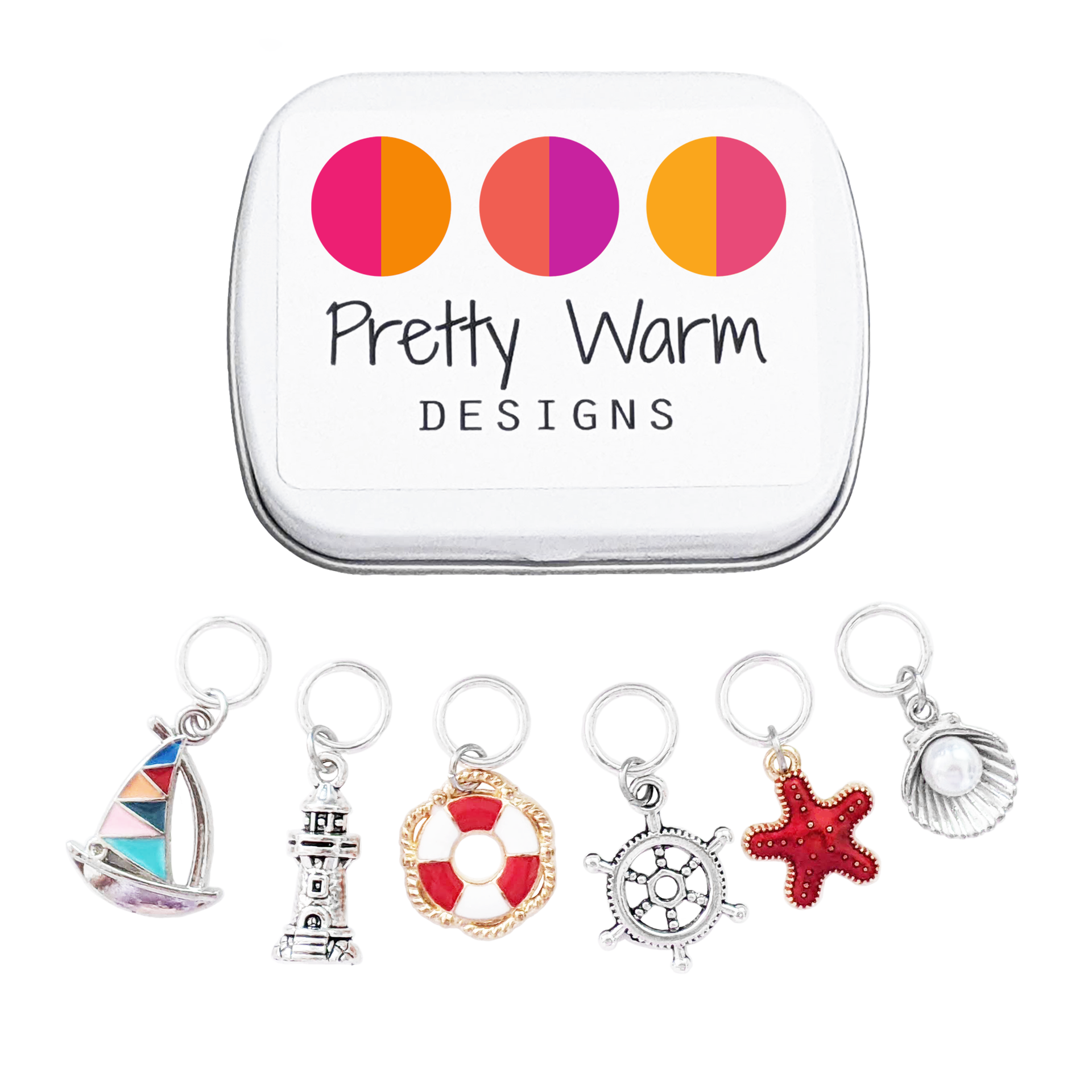 Nautical Treasures Stitch Markers, Set of 6 with Storage Tin. Includes sailboat, lighthouse, life ring, helm, starfish, and pearl oyster ring markers for knitting.