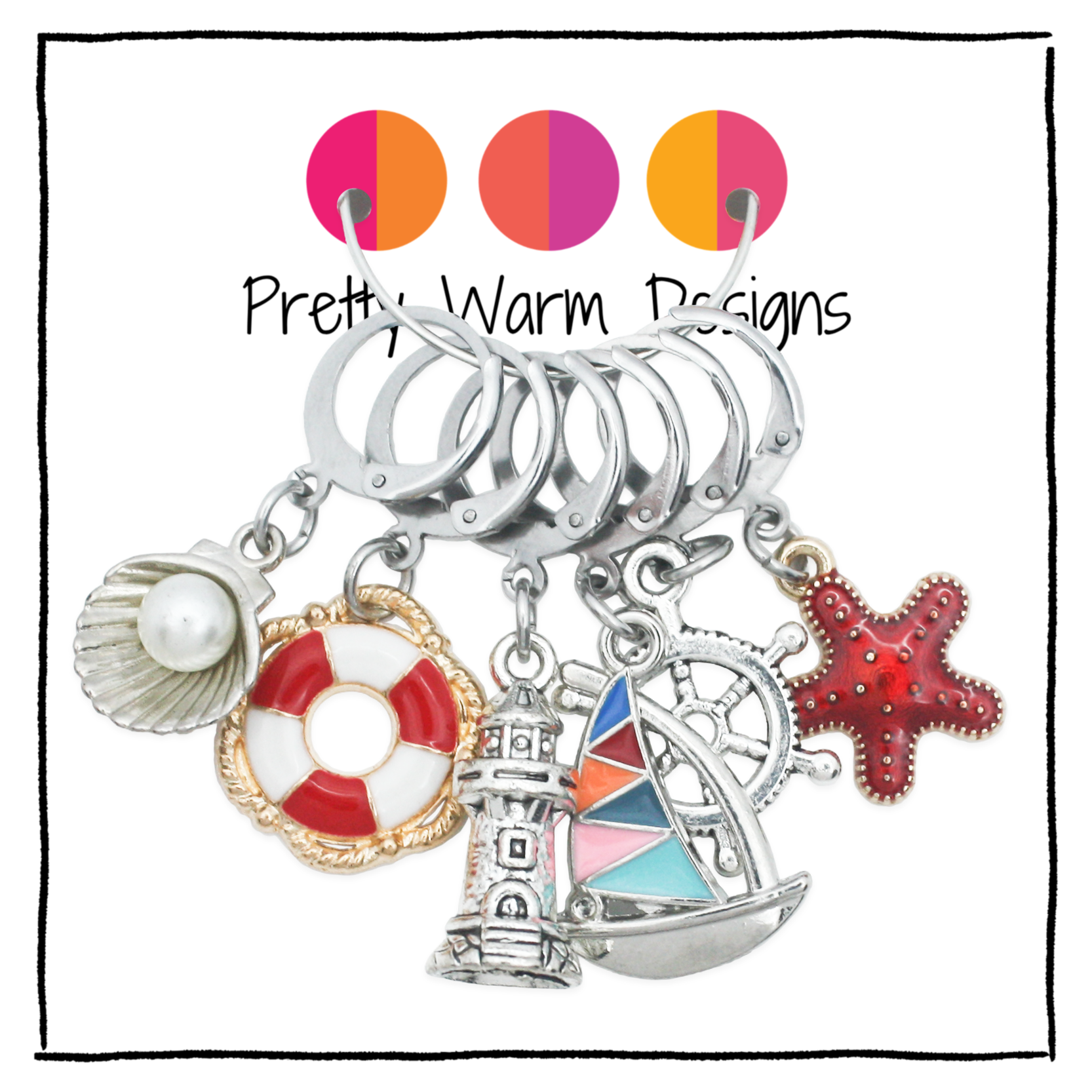 Pretty Warm Designs ocean theme locking stitch markers set of 6 featuring life preserver, sailboat, and starfish charms for fiber arts.