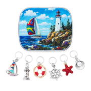 Set of 6 snag-free nautical ring stitch markers for knitting, with a matching coastal storage tin.