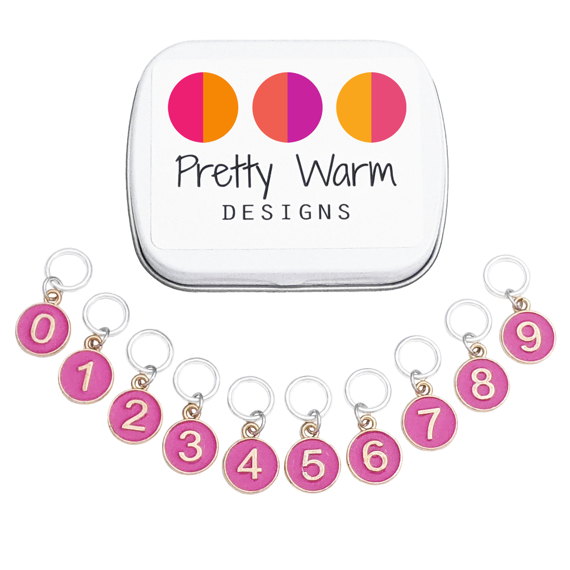 Dusky Rose Numbered Charm Ring Stitch Markers set of 10 with storage tin by Pretty Warm Designs, numbers 0 through 9