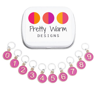 Dusky Rose Numbered Charm Ring Stitch Markers set of 10 with storage tin by Pretty Warm Designs, numbers 0 through 9