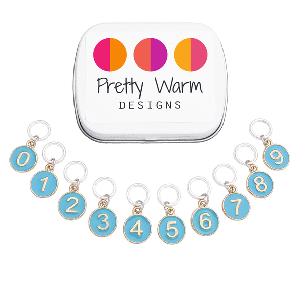 Set of ten blue on gold-toned number charm ring stitch markers with tin for knitting by Pretty Warm Designs