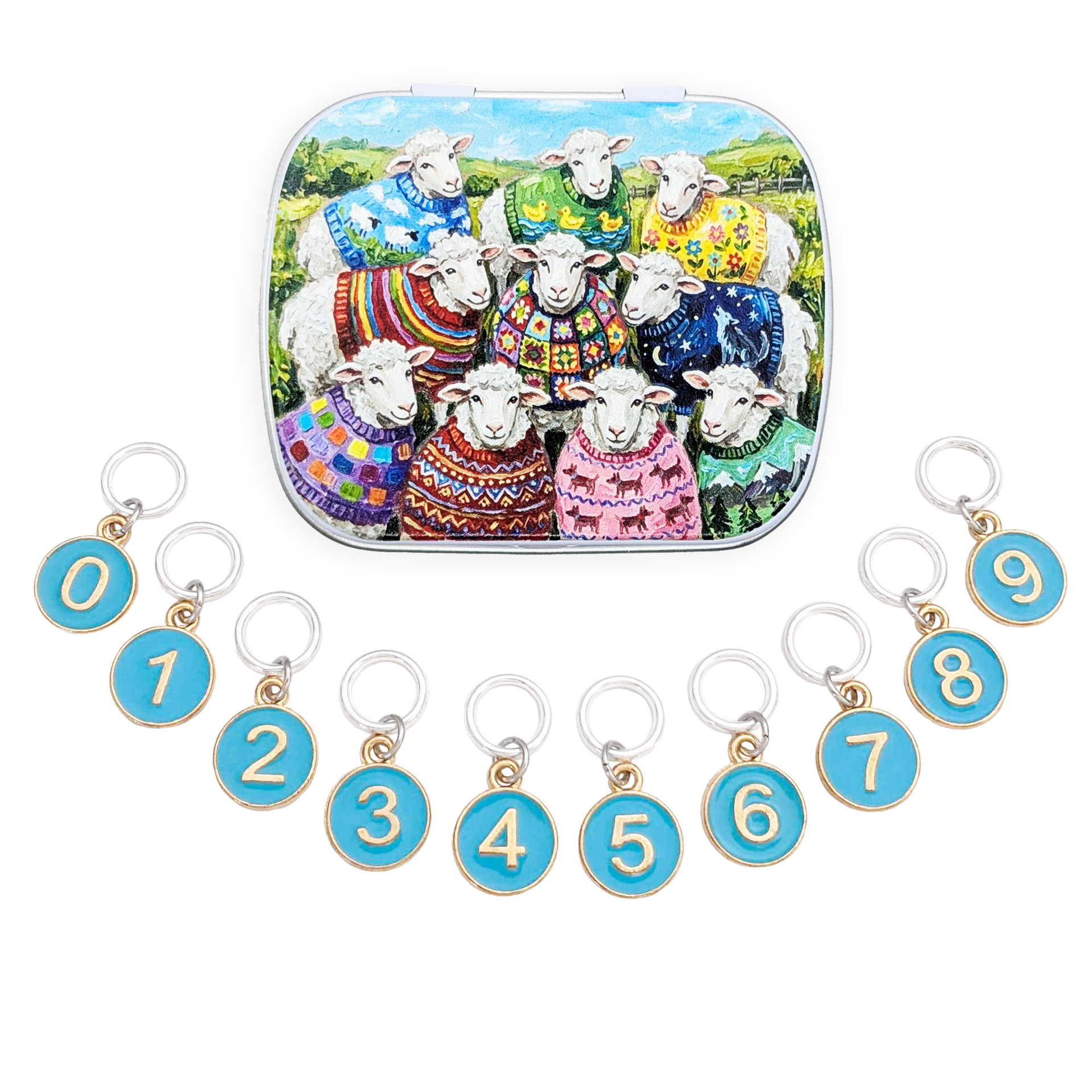Set of 10 ring style stitch markers for knitting with charms numbered 0 - 9 with a custom artwork sheep sweater club hinged storage tin