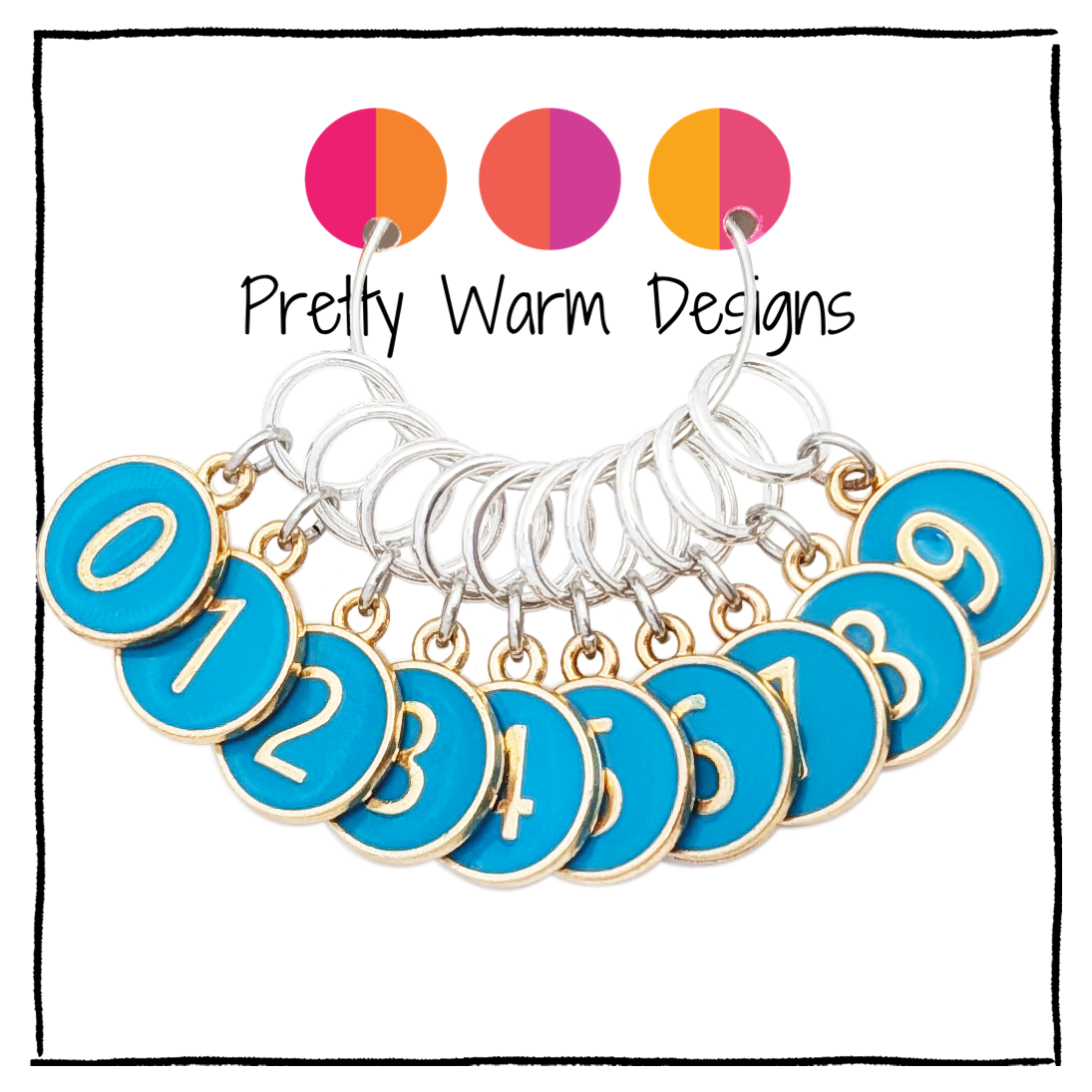 Set of 10 numbered stitch markers with charms numbering 0 - 9 on smooth snag free closed rings for knitters