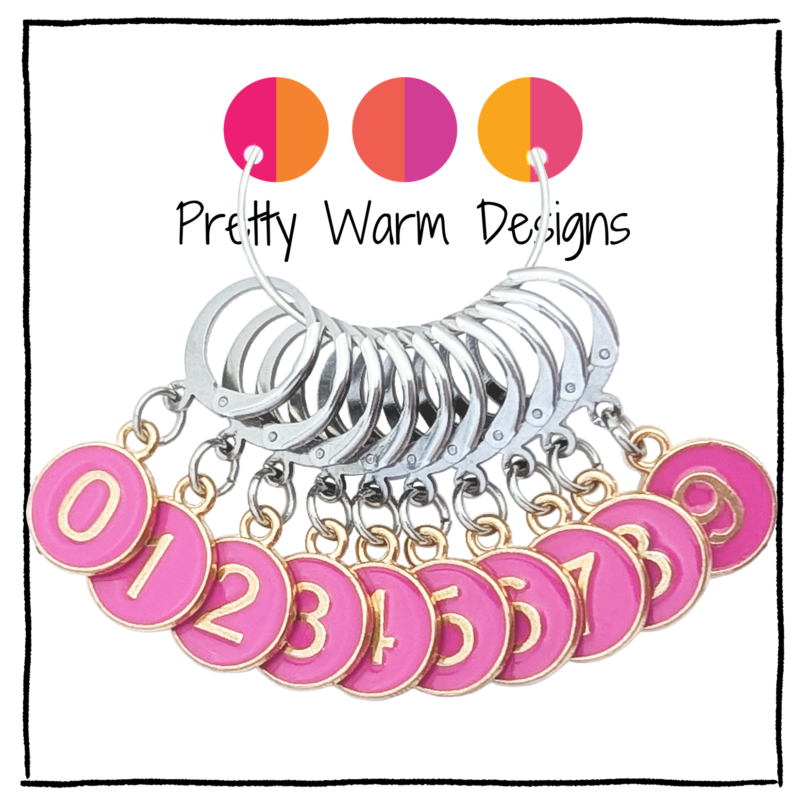 Set of 10 locking stitch markers with stainless steel leverback clasps, charms numbered 0 - 9 in rose pink