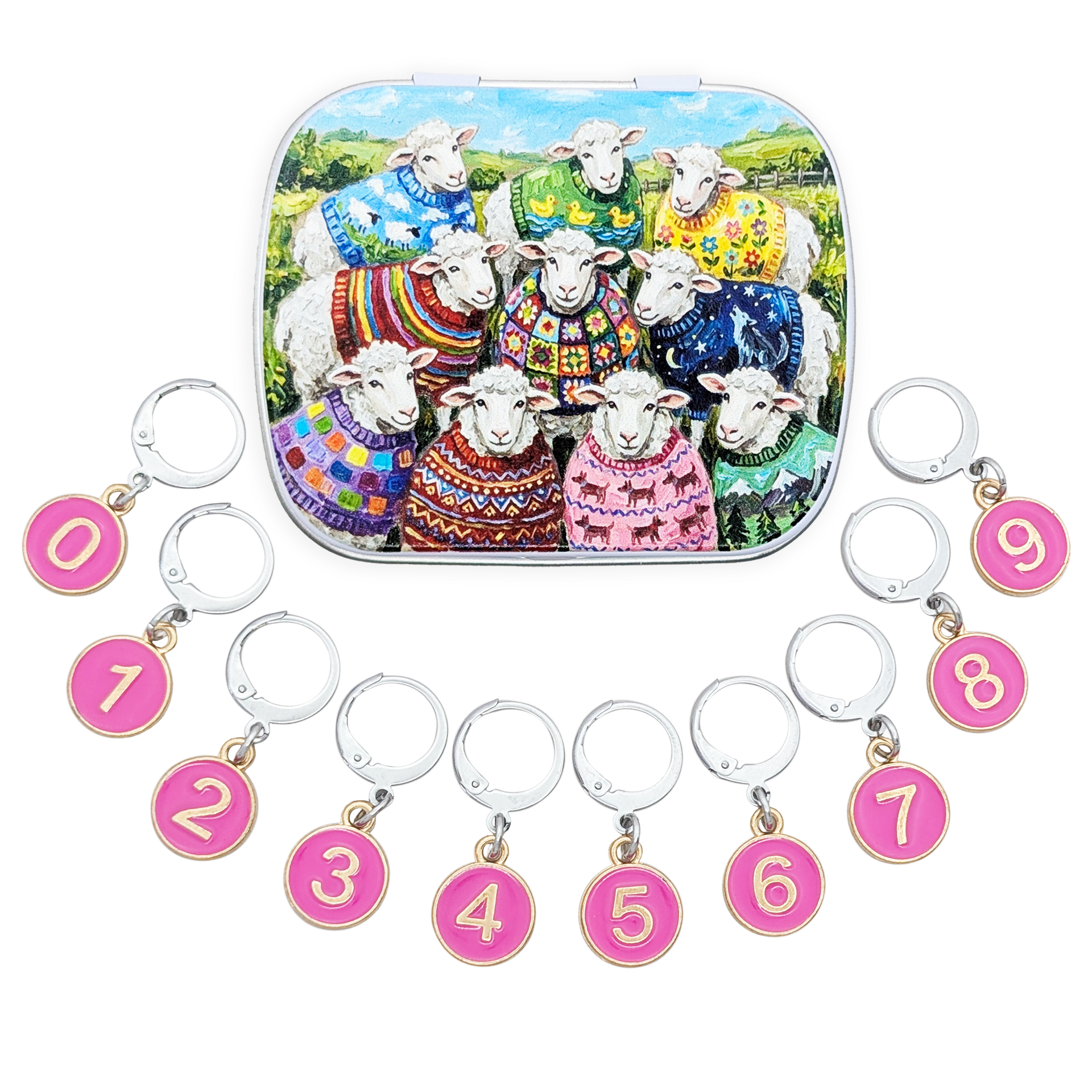 A set of locking stitch markers numbered 0 - 9 with a tin box. The tin box features a colorful illustration of nine sheep wearing vibrant, patterned sweaters in a landscape.