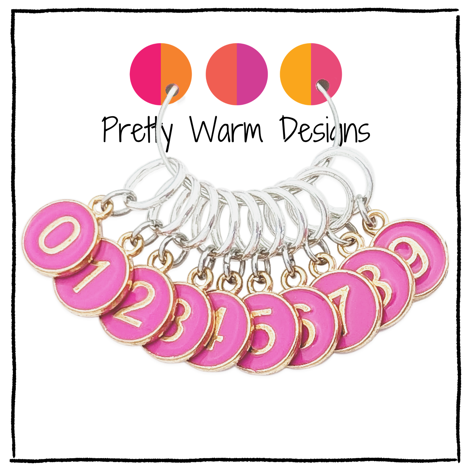 Set of 10 numbered stitch markers with charms numbering 0 - 9 on smooth snag free closed rings for knitters