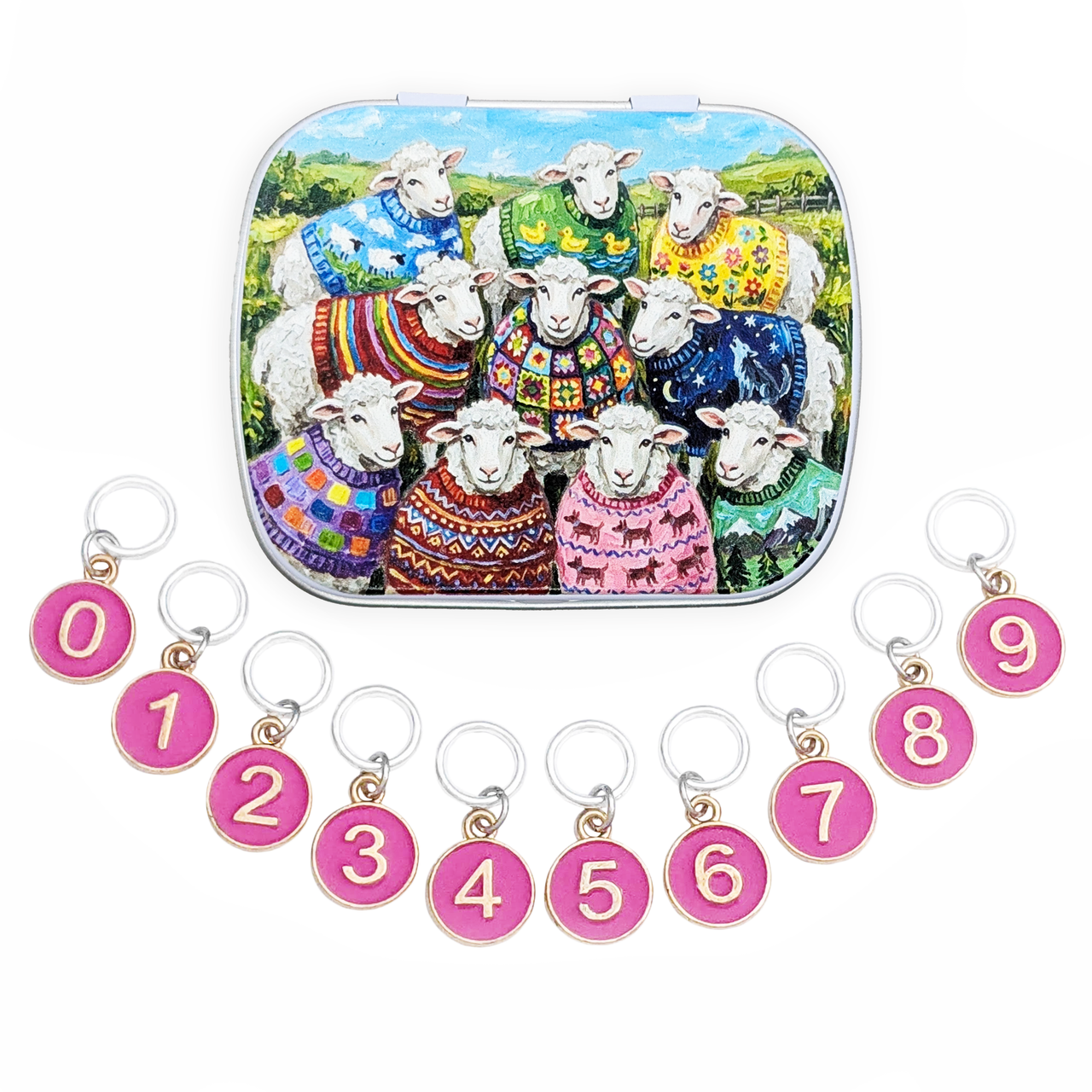 Set of 10 ring style stitch markers for knitting with charms numbered 0 - 9 with a custom artwork sheep sweater club hinged storage tin