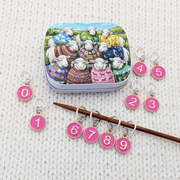 Set of 10 ring style stitch markers for knitting with charms numbered 0 - 9 with a custom artwork sheep sweater club hinged storage tin