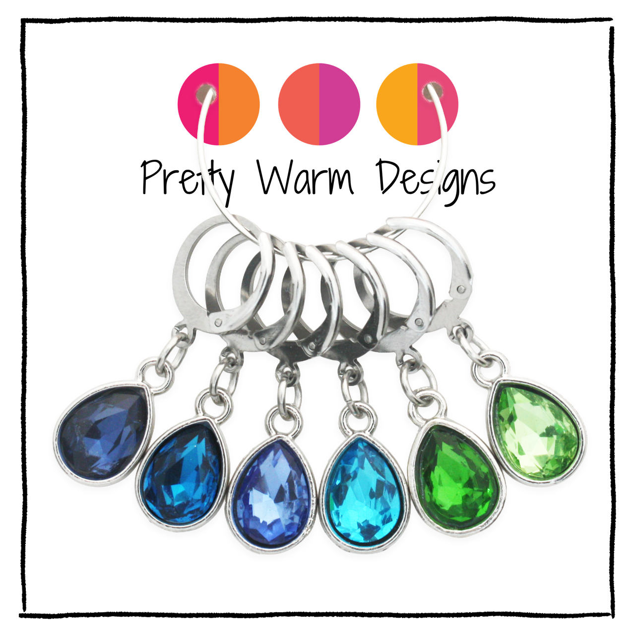 Set of 6 locking stitch markers for knitting and crochet, Ocean Waters blue and green hues.