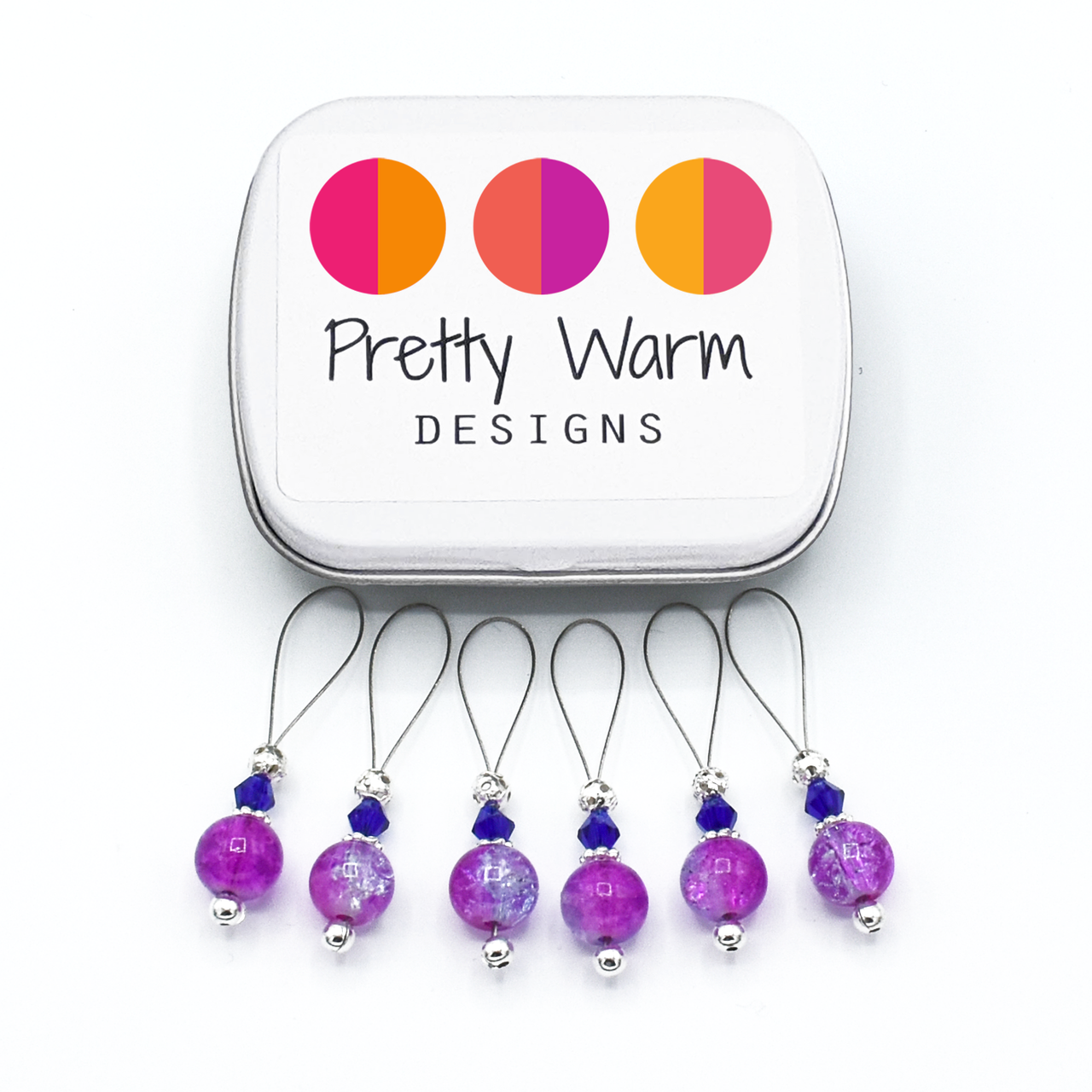 Set of six pink and lavender crackle glass beads, blue bicone crystal beads, perforated silver beads, silver accents on wire stitch markers with tin for knitting by Pretty Warm Designs