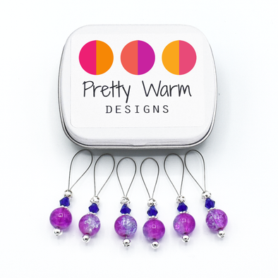 Set of six pink and lavender crackle glass beads, blue bicone crystal beads, perforated silver beads, silver accents on wire stitch markers with tin for knitting by Pretty Warm Designs