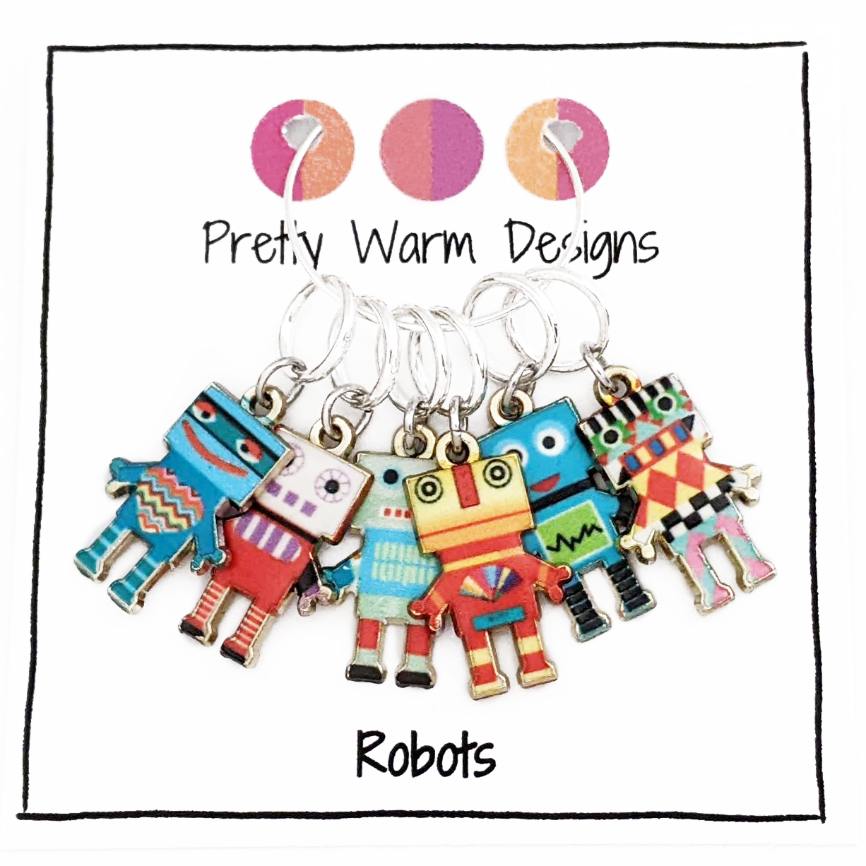 Set of 6 multi coloured enamel robot charms snag free ring stitch markers for knitting by Pretty Warm Designs