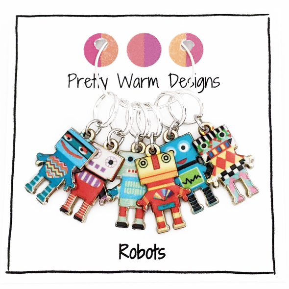 Set of 6 multi coloured enamel robot charms snag free ring stitch markers for knitting by Pretty Warm Designs