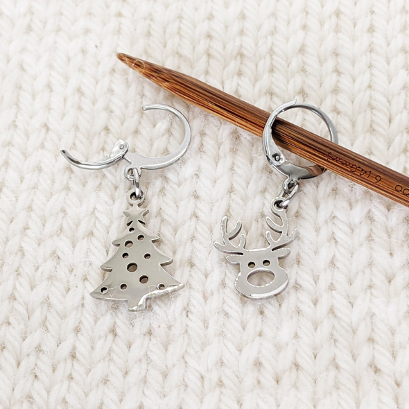 Reindeer and Christmas Tree Crochet Stitch Marker Duo by Pretty Warm Designs