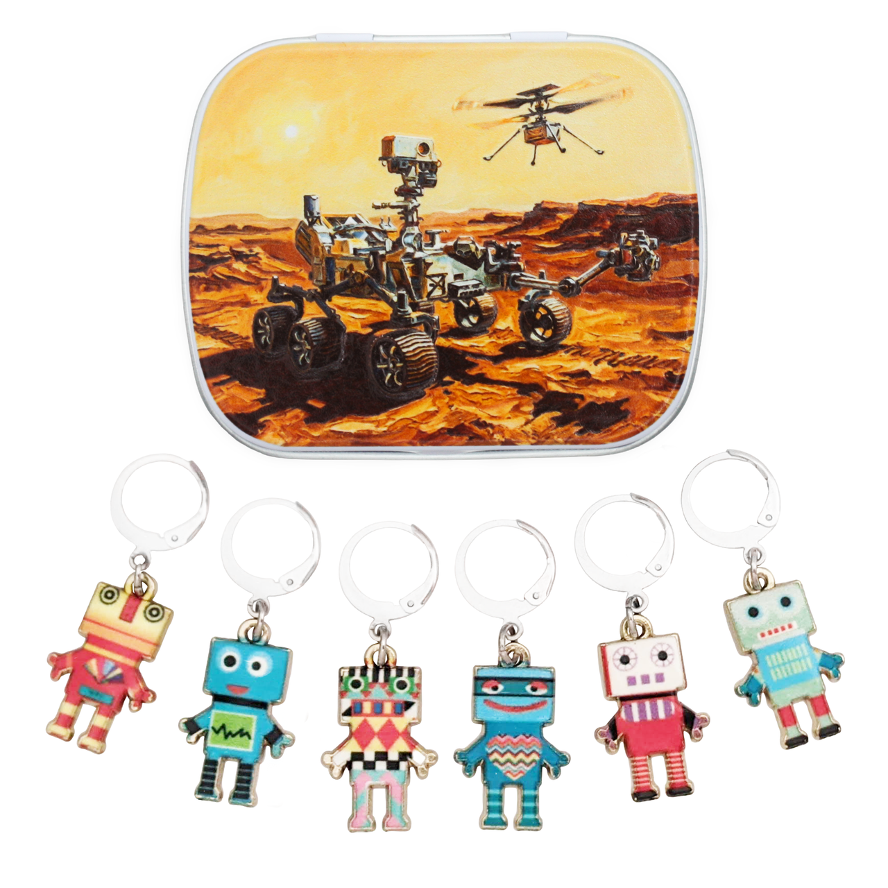 A set of six colorful robot-shaped locking stitch markers displayed in front of a square tin featuring a Mars rover illustration.