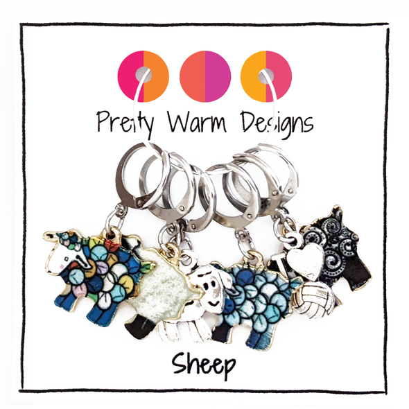 Set of five sheep charm and one yarn charm locking stitch markers for crochet and knitting by Pretty Warm Designs Inc.