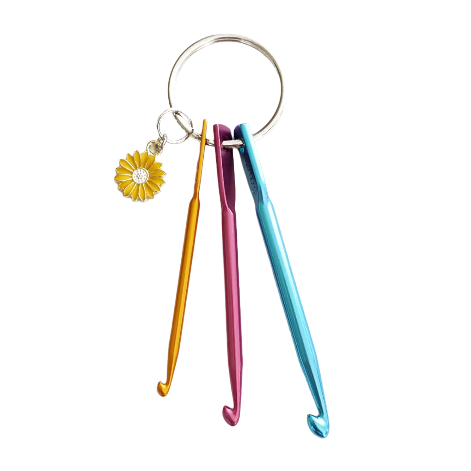 Set of three aluminum crochet hook stitch fixers in sizes 3mm in gold, 4mm in pink and 5mm in turquoise on split ring for knitting by Pretty Warm Designs