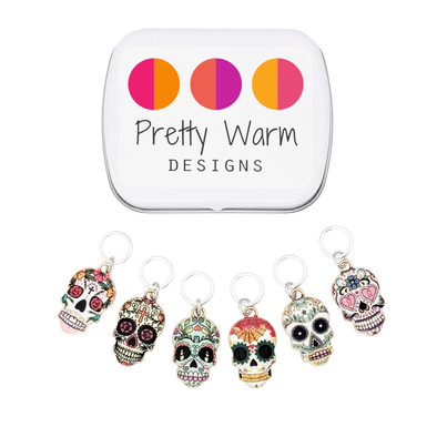 Set of six enamel sugar skull charms snag free ring stitch markers with tin for knitting by Pretty Warm Designs