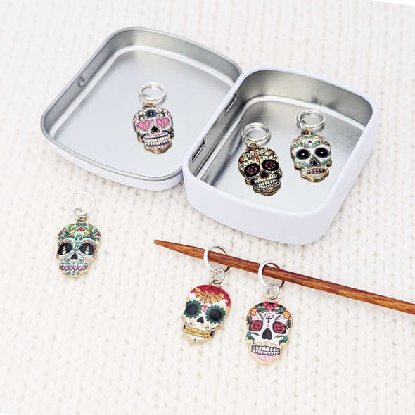 Set of six enamel sugar skull charms snag free ring stitch markers with tin for knitting by Pretty Warm Designs