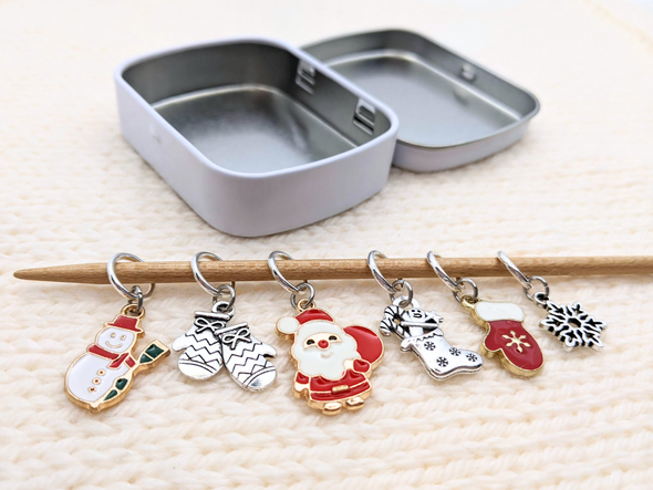 Set of 6 Christmas Santa stitch markers for knitting ring style with storage tin for holiday gift