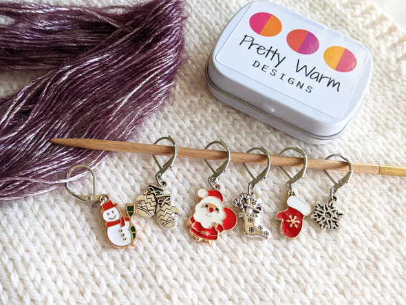 Christmas Santa Set of 6 locking crochet stitch markers removable for knitting or crocheting with storage tin