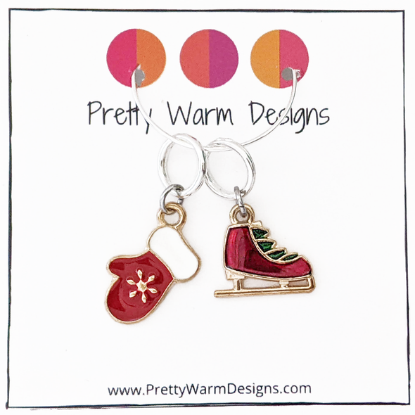 Skate + Mitten Stitch Markers - Set of 2 Holiday Ring Markers for Knitting