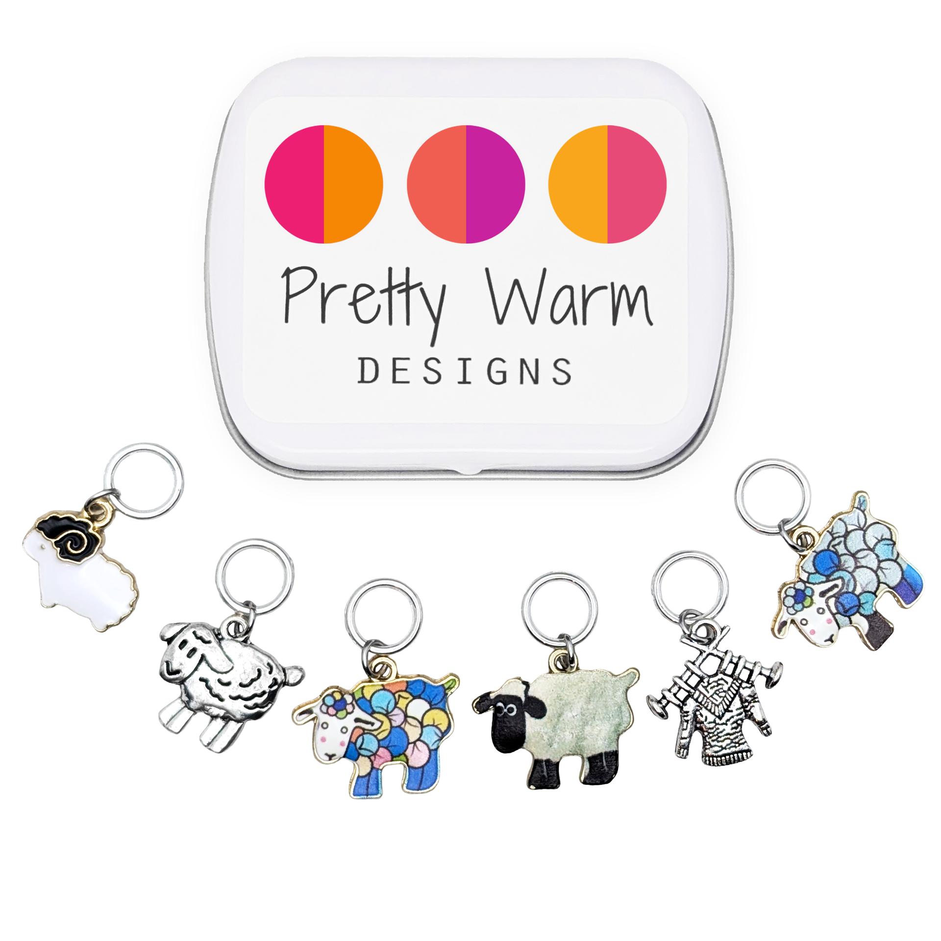 Sheep stitch markers for knitting — set of 6 ring style markers with Pretty Warm Designs storage tin, gift for knitters