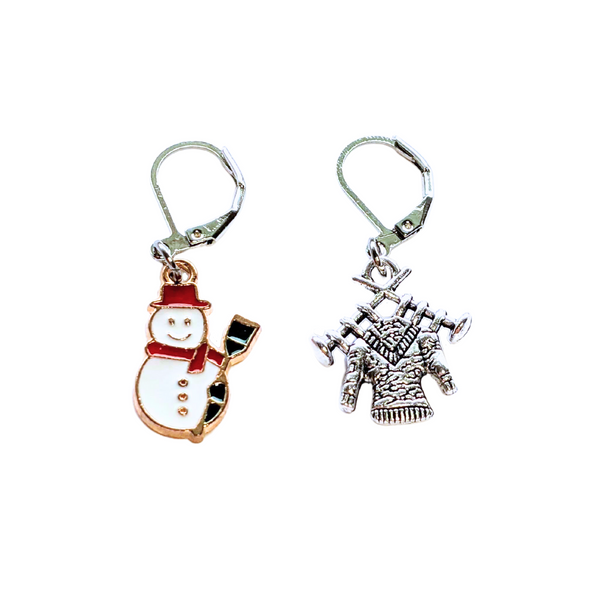 set of two Christmas snowman and knitting sweater metal enamel charms locking stitch markers for knitting or crocheting