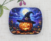 Spooky Season Halloween themed notions storage tin with Jack-o-Lantern & Witch's Hat artwork under a full moon