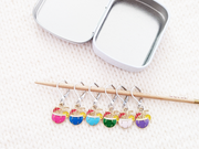 Tropical Drinks removable locking crochet style stitch markers for knitting or crochet, set of 6 with small metal storage tin