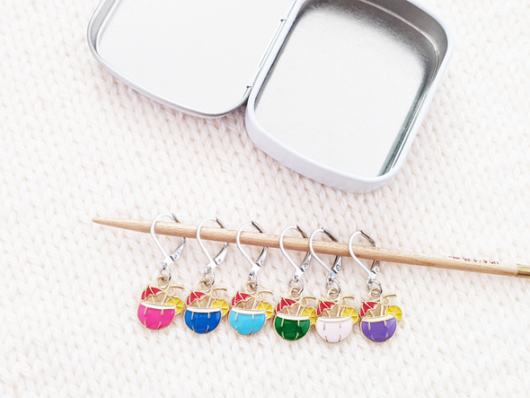 Tropical Drinks removable locking crochet style stitch markers for knitting or crochet, set of 6 with small metal storage tin