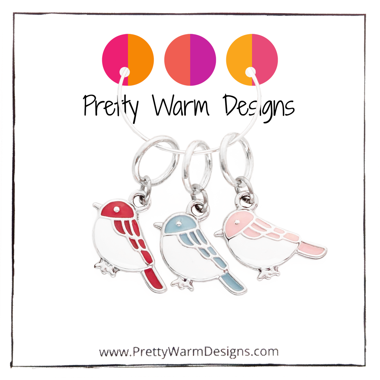 Set of 3 Birds of a Feather Stitch markers for knitting, ring style with red, blue, and pink bird charms