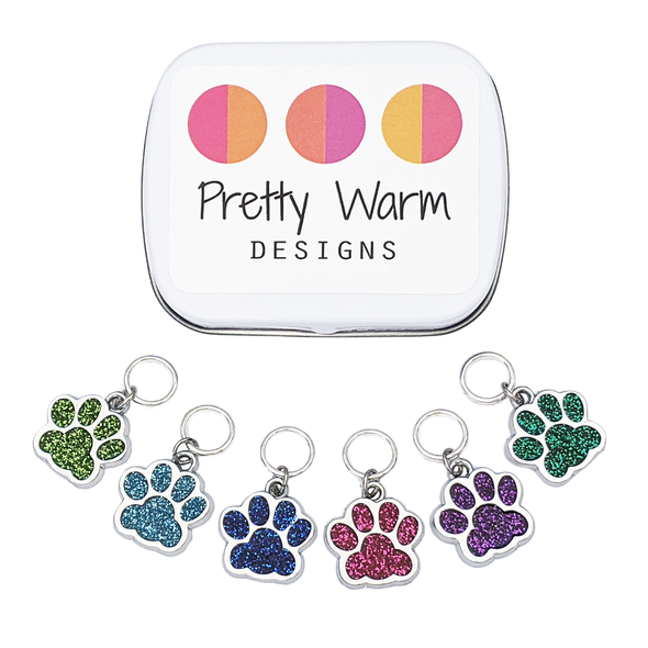 Set of six silver and glitter enamel pet paw charms snag free ring stitch markers with tin for knitting by Pretty Warm Designs