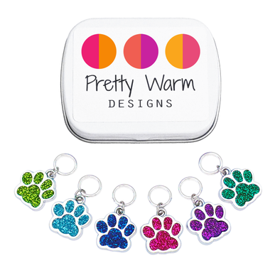 Set of six silver and glitter enamel pet paw charms snag free ring stitch markers with tin for knitting by Pretty Warm Designs