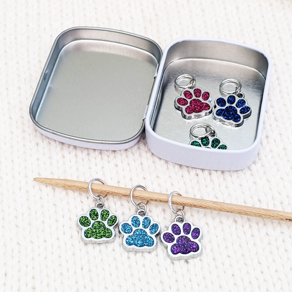 Set of six silver and glitter enamel pet paw charms snag free ring stitch markers with tin on needle for knitting by Pretty Warm Designs