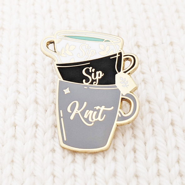 Sip sip knit, mug with 2 teacups and teabag enamel pin for project bags